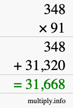 How to calculate 348 times 91 using long multiplication