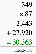How to calculate 349 times 87 using long multiplication