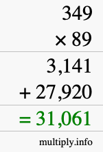 How to calculate 349 times 89 using long multiplication