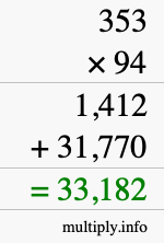 How to calculate 353 times 94 using long multiplication