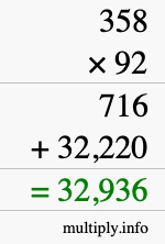 How to calculate 358 times 92 using long multiplication