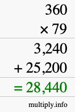 How to calculate 360 times 79 using long multiplication