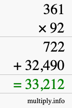 How to calculate 361 times 92 using long multiplication