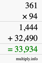 How to calculate 361 times 94 using long multiplication