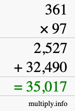 How to calculate 361 times 97 using long multiplication