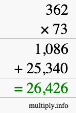 How to calculate 362 times 73 using long multiplication
