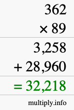 How to calculate 362 times 89 using long multiplication
