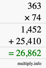 How to calculate 363 times 74 using long multiplication