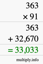 How to calculate 363 times 91 using long multiplication