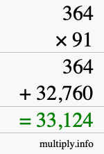 How to calculate 364 times 91 using long multiplication