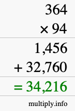 How to calculate 364 times 94 using long multiplication