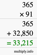 How to calculate 365 times 91 using long multiplication