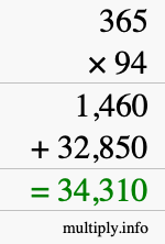 How to calculate 365 times 94 using long multiplication