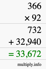 How to calculate 366 times 92 using long multiplication