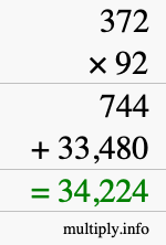 How to calculate 372 times 92 using long multiplication
