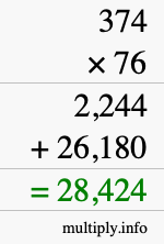 How to calculate 374 times 76 using long multiplication