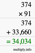 How to calculate 374 times 91 using long multiplication