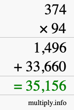 How to calculate 374 times 94 using long multiplication