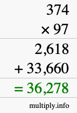 How to calculate 374 times 97 using long multiplication