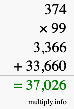 How to calculate 374 times 99 using long multiplication