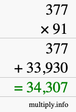How to calculate 377 times 91 using long multiplication
