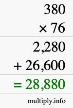 How to calculate 380 times 76 using long multiplication