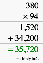 How to calculate 380 times 94 using long multiplication