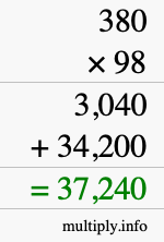 How to calculate 380 times 98 using long multiplication
