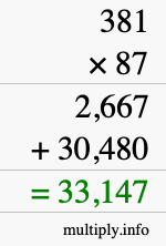How to calculate 381 times 87 using long multiplication