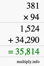 How to calculate 381 times 94 using long multiplication