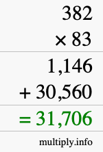 How to calculate 382 times 83 using long multiplication