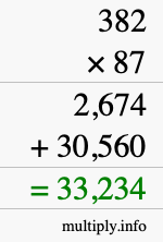 How to calculate 382 times 87 using long multiplication