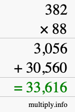 How to calculate 382 times 88 using long multiplication