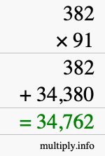 How to calculate 382 times 91 using long multiplication