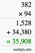 How to calculate 382 times 94 using long multiplication