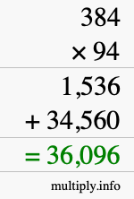 How to calculate 384 times 94 using long multiplication