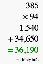 How to calculate 385 times 94 using long multiplication