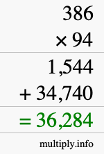 How to calculate 386 times 94 using long multiplication
