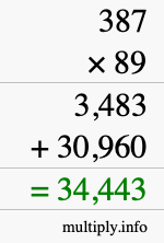 How to calculate 387 times 89 using long multiplication