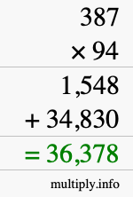 How to calculate 387 times 94 using long multiplication