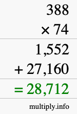 How to calculate 388 times 74 using long multiplication