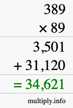 How to calculate 389 times 89 using long multiplication