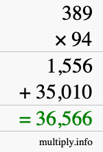 How to calculate 389 times 94 using long multiplication