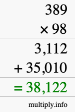 How to calculate 389 times 98 using long multiplication