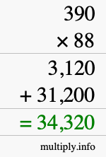 How to calculate 390 times 88 using long multiplication