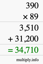 How to calculate 390 times 89 using long multiplication