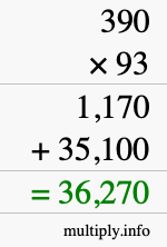 How to calculate 390 times 93 using long multiplication
