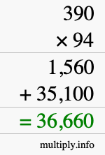 How to calculate 390 times 94 using long multiplication
