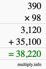 How to calculate 390 times 98 using long multiplication