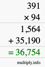 How to calculate 391 times 94 using long multiplication